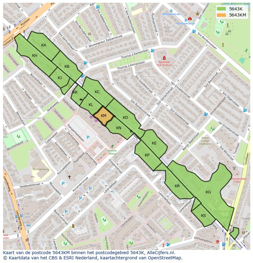 Afbeelding van het postcodegebied 5643 KM op de kaart.