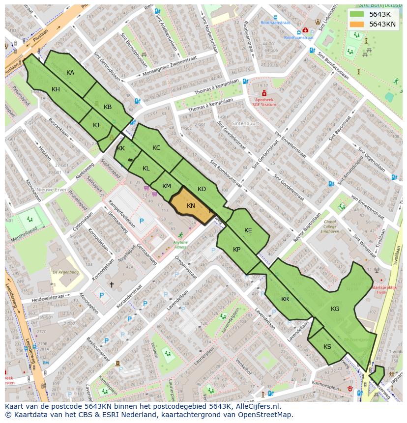 Afbeelding van het postcodegebied 5643 KN op de kaart.