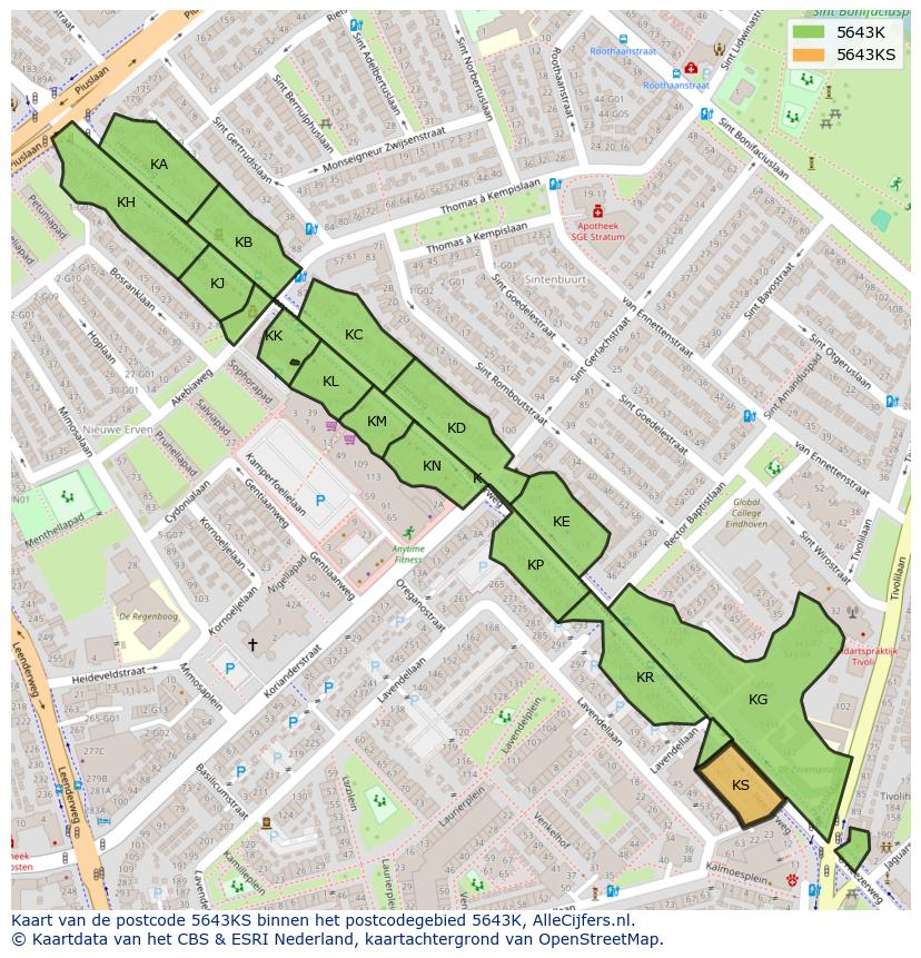 Afbeelding van het postcodegebied 5643 KS op de kaart.