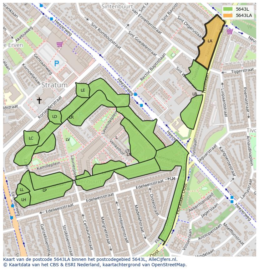 Afbeelding van het postcodegebied 5643 LA op de kaart.