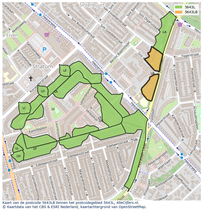 Afbeelding van het postcodegebied 5643 LB op de kaart.