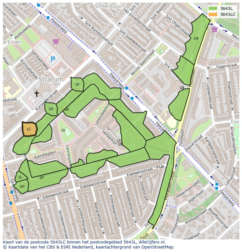 Afbeelding van het postcodegebied 5643 LC op de kaart.