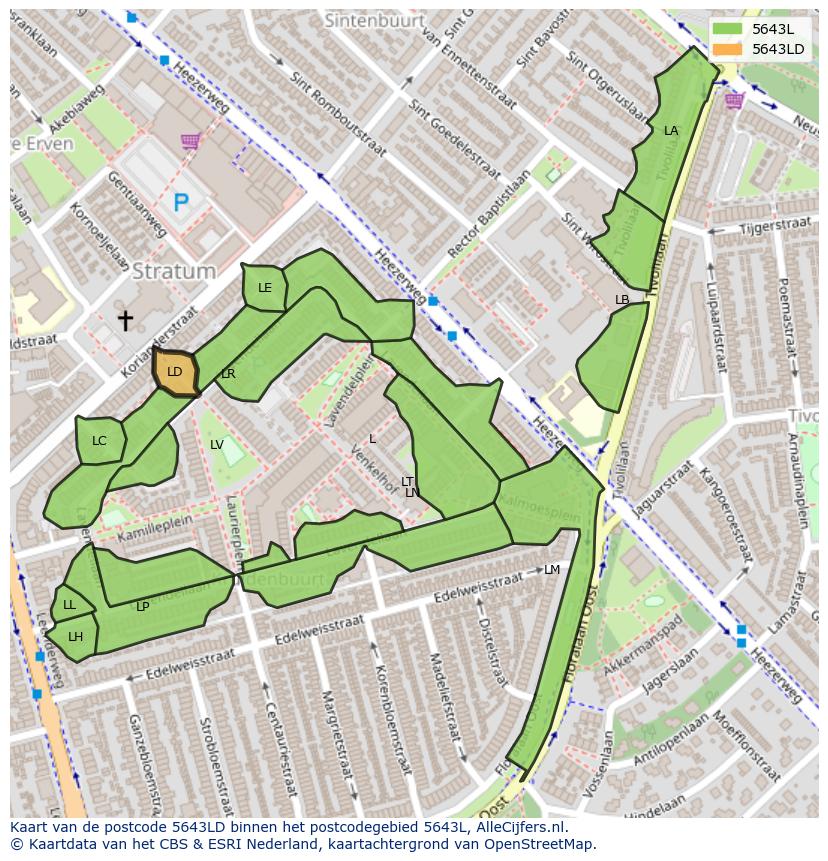 Afbeelding van het postcodegebied 5643 LD op de kaart.