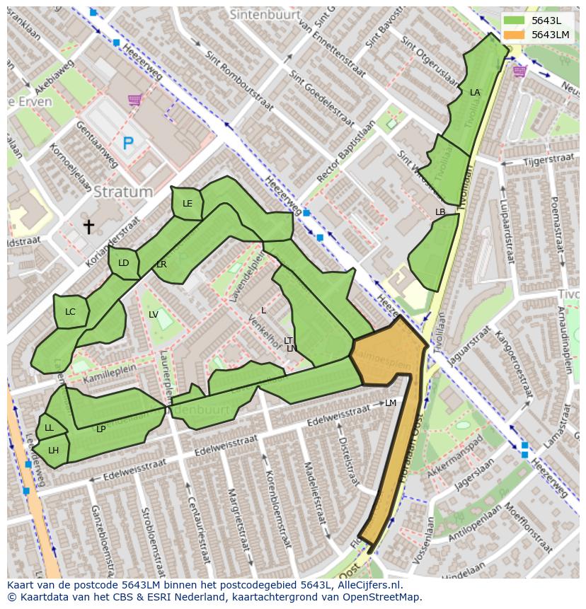 Afbeelding van het postcodegebied 5643 LM op de kaart.