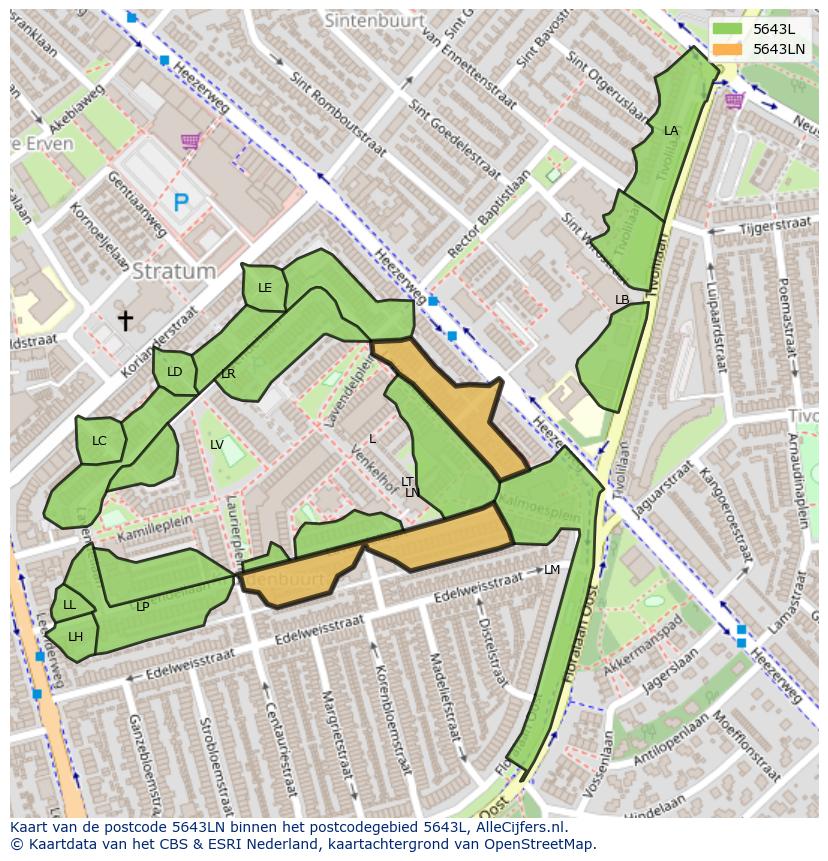 Afbeelding van het postcodegebied 5643 LN op de kaart.