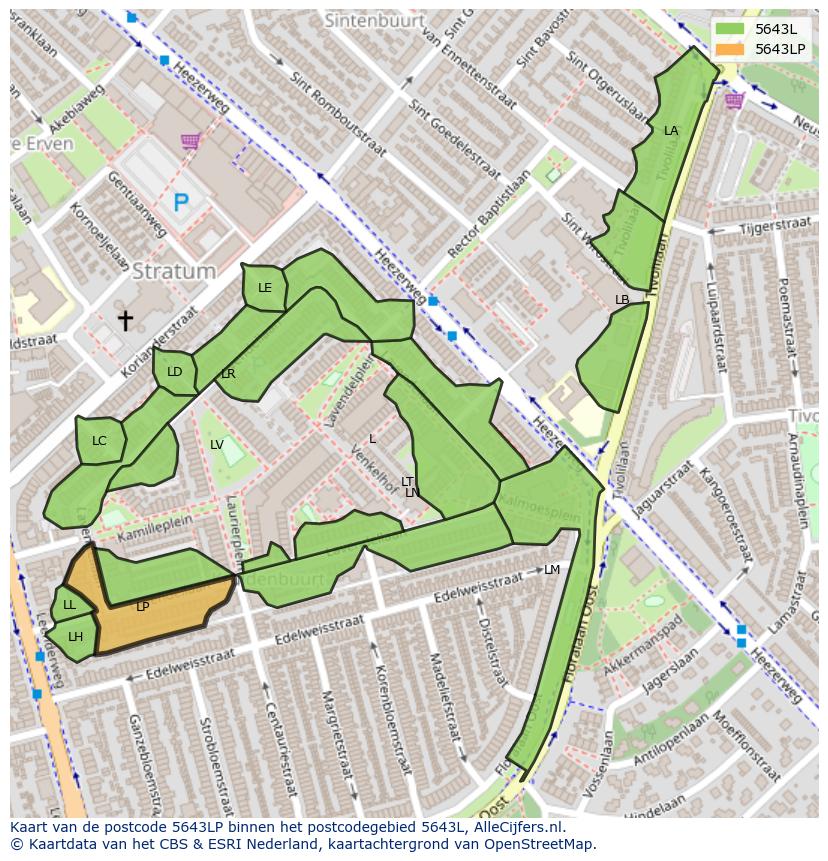 Afbeelding van het postcodegebied 5643 LP op de kaart.