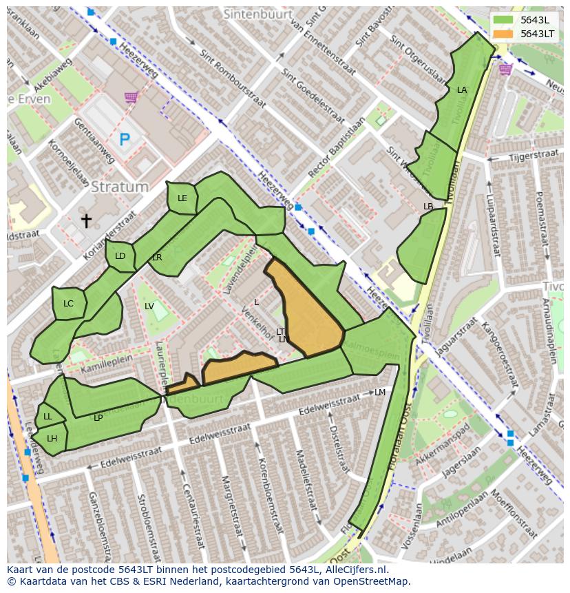 Afbeelding van het postcodegebied 5643 LT op de kaart.