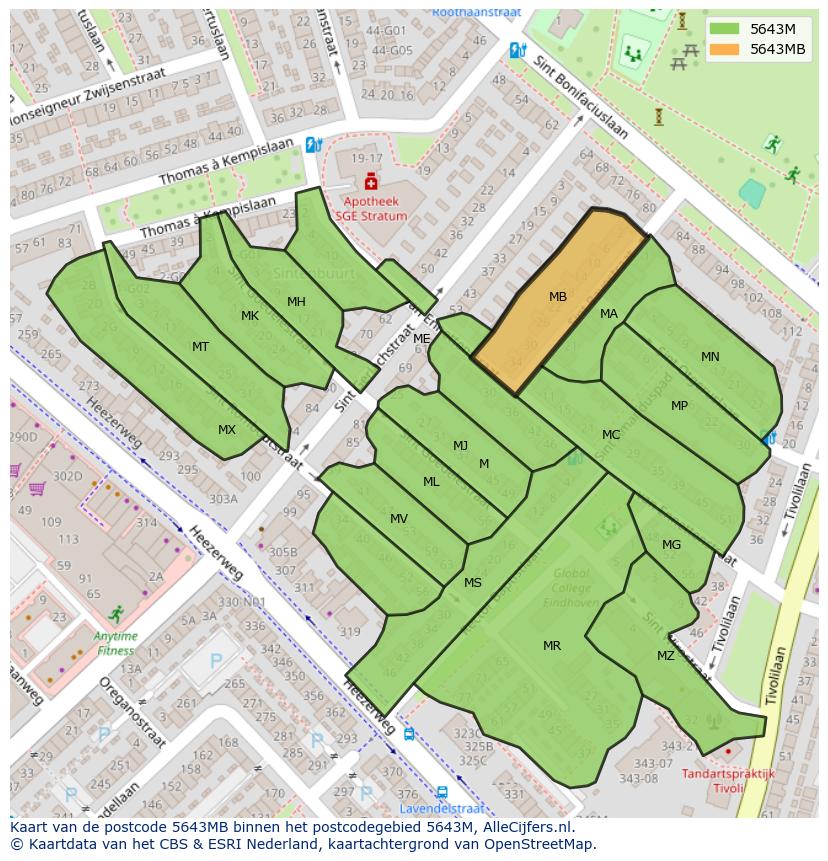 Afbeelding van het postcodegebied 5643 MB op de kaart.