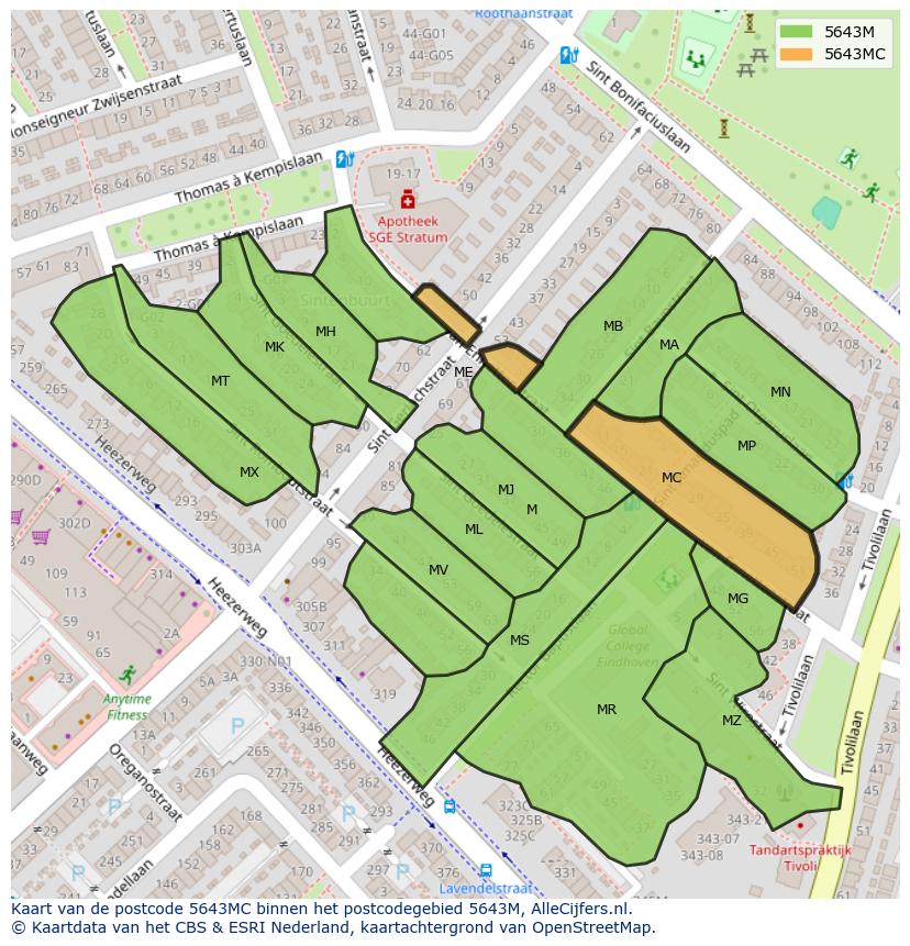Afbeelding van het postcodegebied 5643 MC op de kaart.