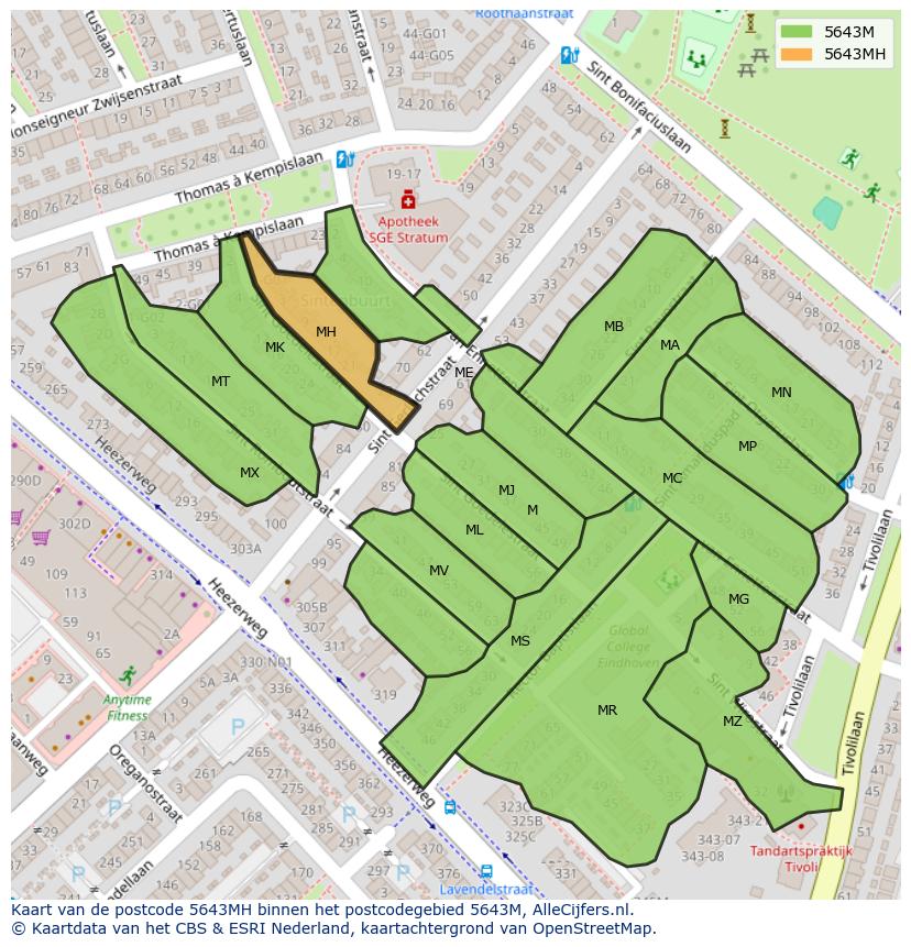 Afbeelding van het postcodegebied 5643 MH op de kaart.