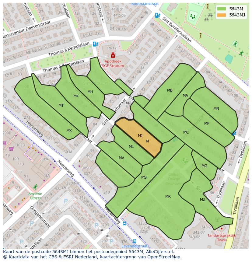 Afbeelding van het postcodegebied 5643 MJ op de kaart.