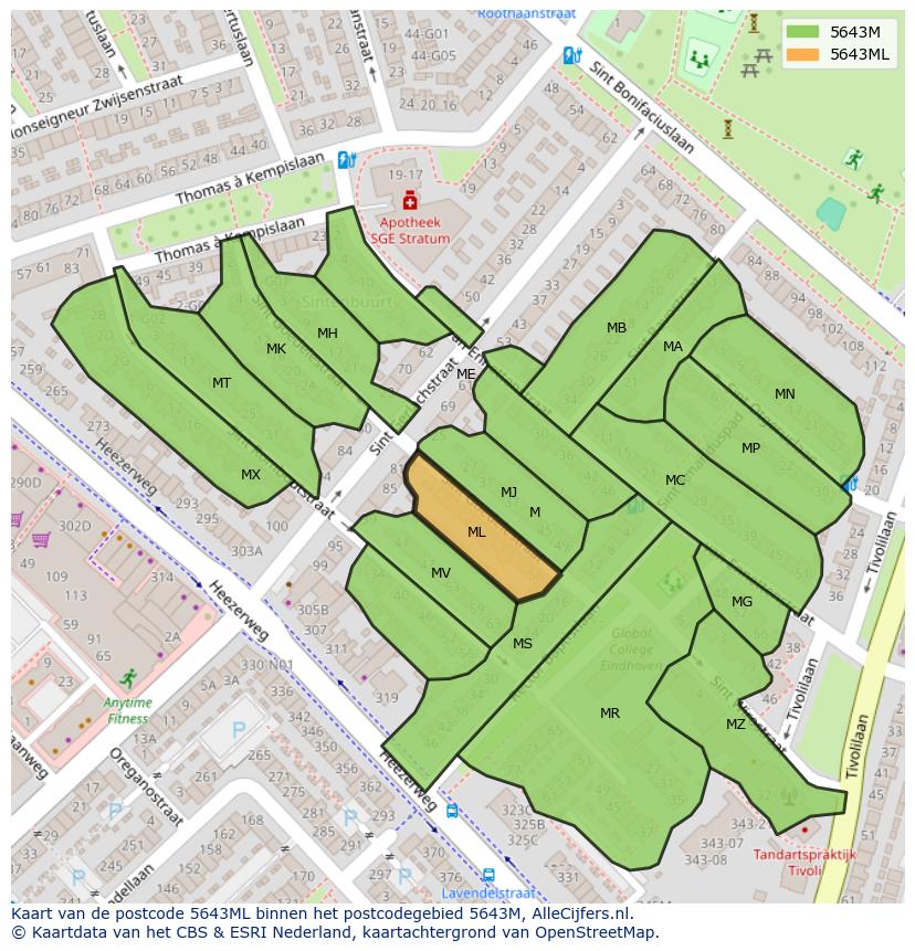 Afbeelding van het postcodegebied 5643 ML op de kaart.