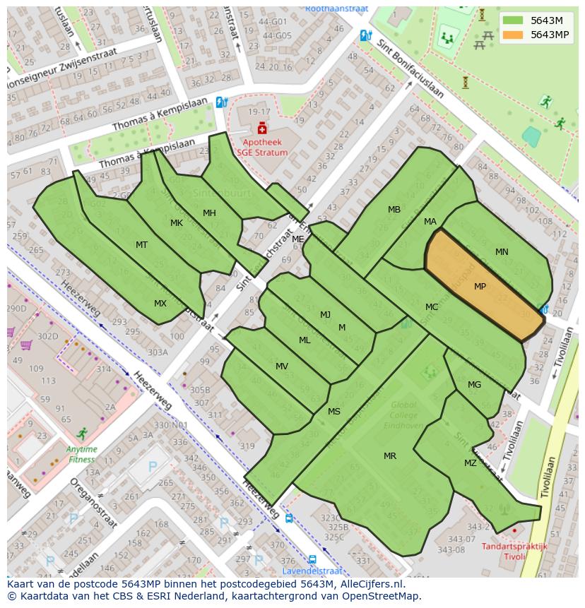 Afbeelding van het postcodegebied 5643 MP op de kaart.