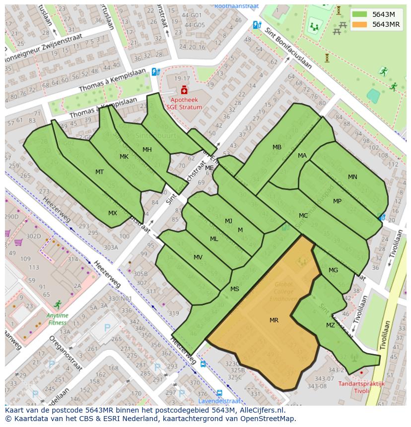 Afbeelding van het postcodegebied 5643 MR op de kaart.