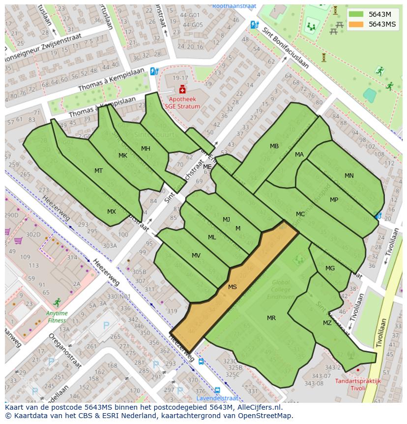 Afbeelding van het postcodegebied 5643 MS op de kaart.
