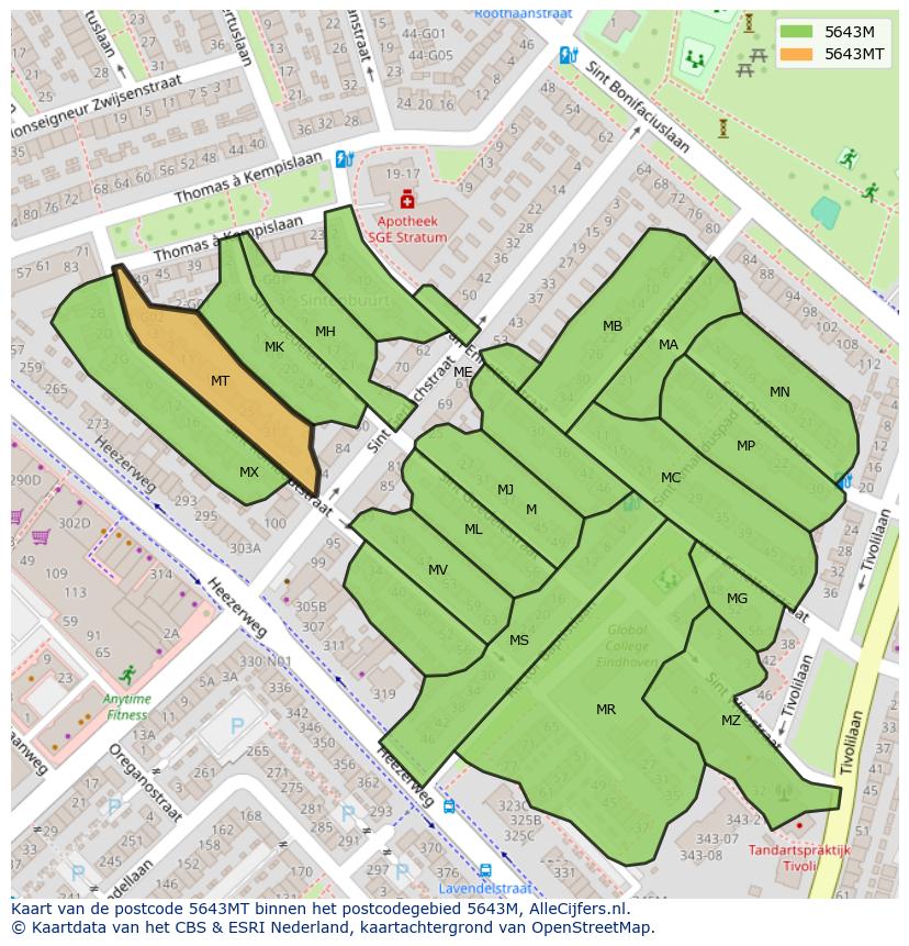 Afbeelding van het postcodegebied 5643 MT op de kaart.