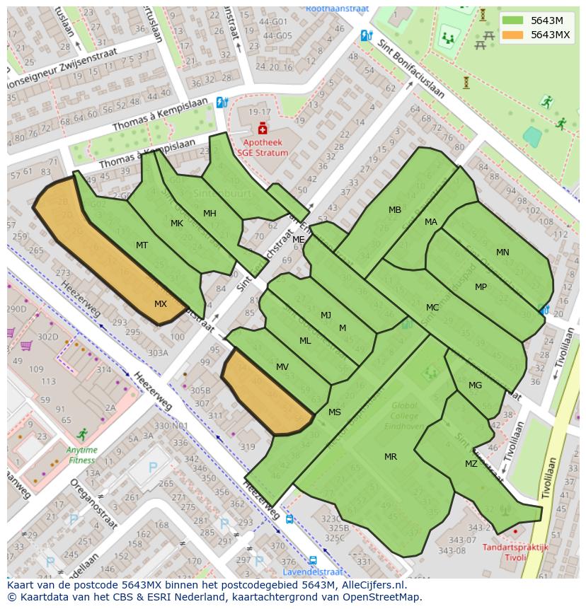 Afbeelding van het postcodegebied 5643 MX op de kaart.