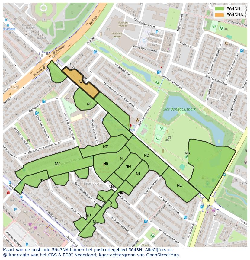 Afbeelding van het postcodegebied 5643 NA op de kaart.