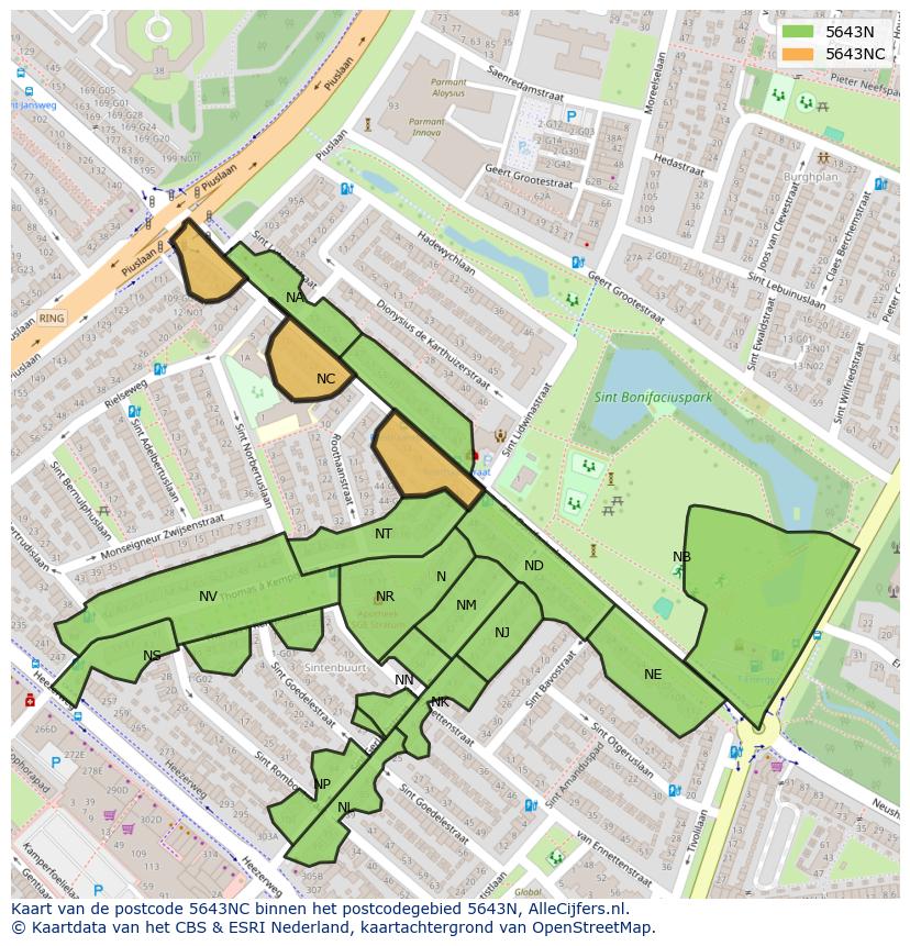 Afbeelding van het postcodegebied 5643 NC op de kaart.