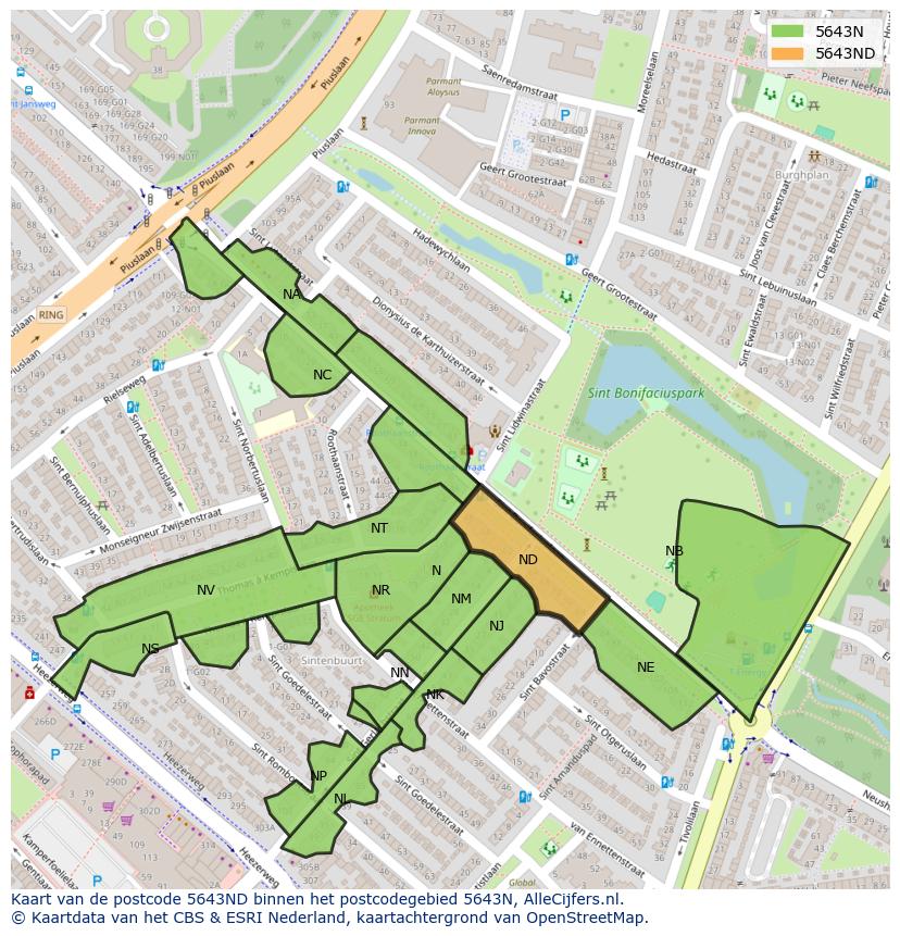 Afbeelding van het postcodegebied 5643 ND op de kaart.