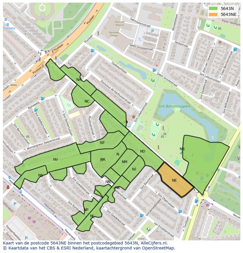 Afbeelding van het postcodegebied 5643 NE op de kaart.