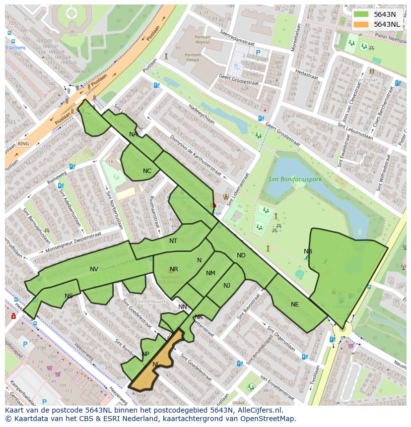 Afbeelding van het postcodegebied 5643 NL op de kaart.