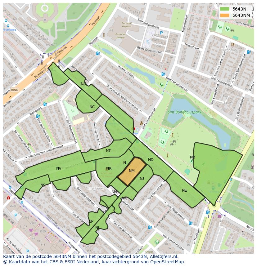 Afbeelding van het postcodegebied 5643 NM op de kaart.