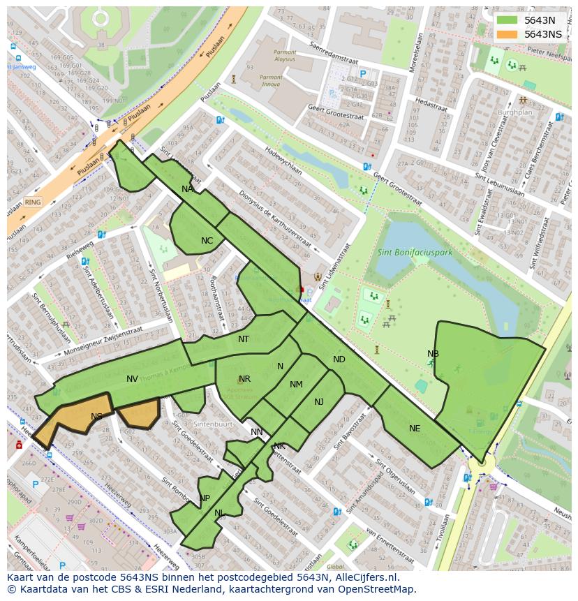 Afbeelding van het postcodegebied 5643 NS op de kaart.
