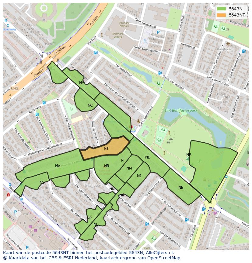 Afbeelding van het postcodegebied 5643 NT op de kaart.