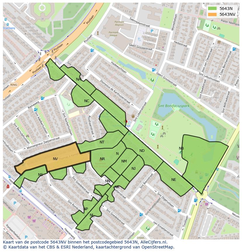 Afbeelding van het postcodegebied 5643 NV op de kaart.
