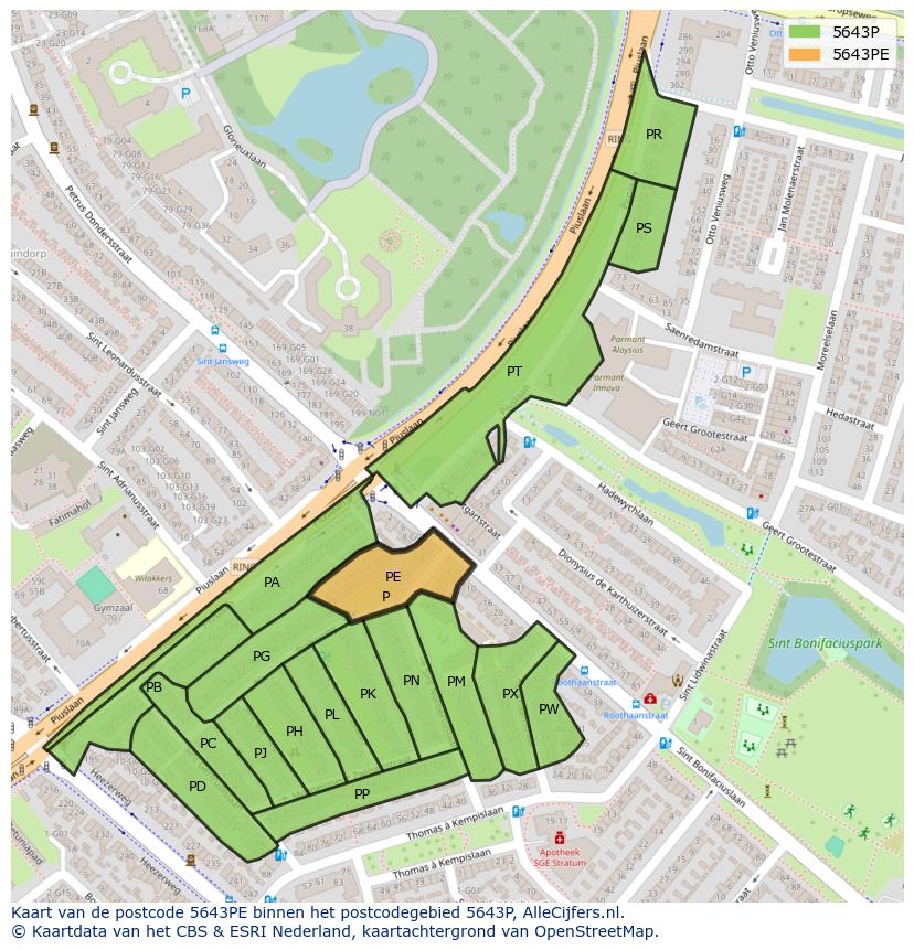 Afbeelding van het postcodegebied 5643 PE op de kaart.