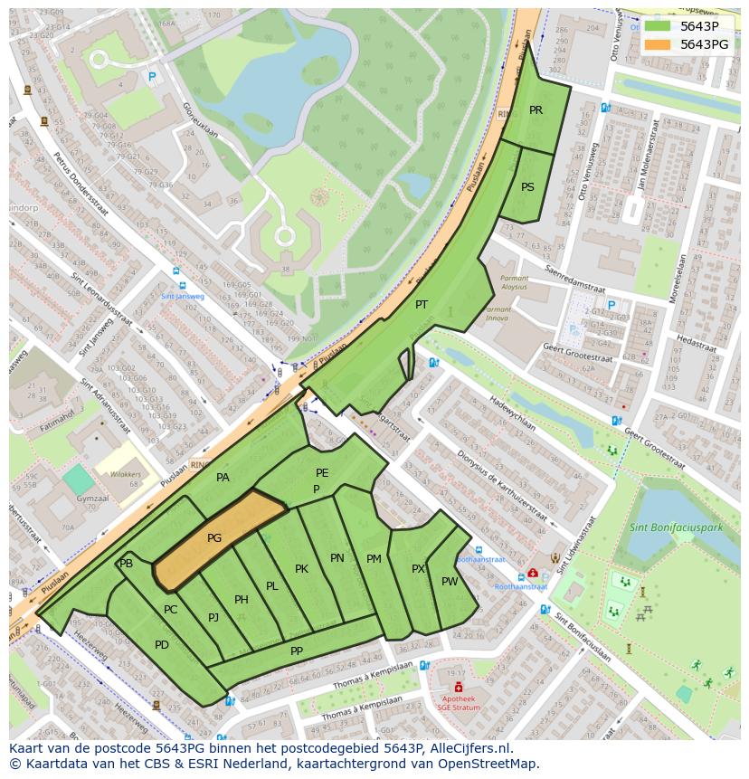 Afbeelding van het postcodegebied 5643 PG op de kaart.