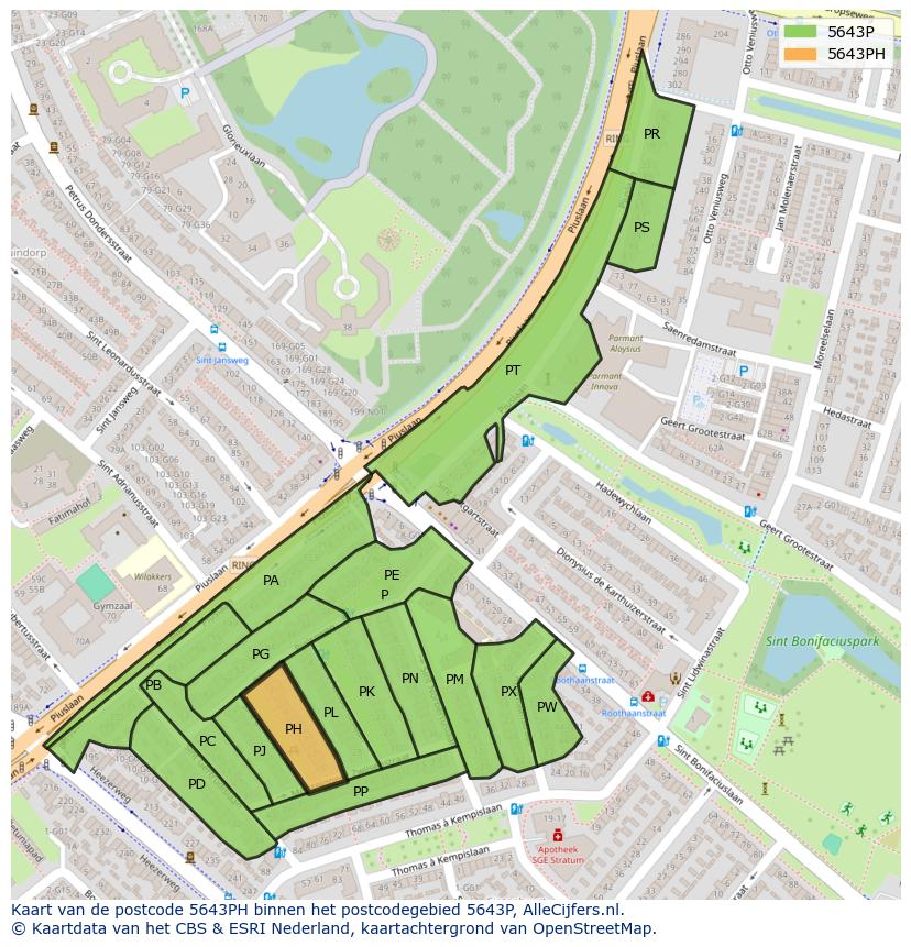 Afbeelding van het postcodegebied 5643 PH op de kaart.