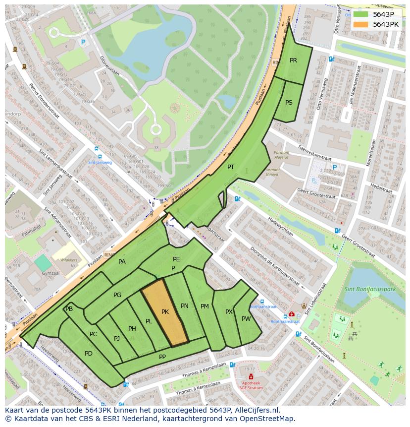 Afbeelding van het postcodegebied 5643 PK op de kaart.