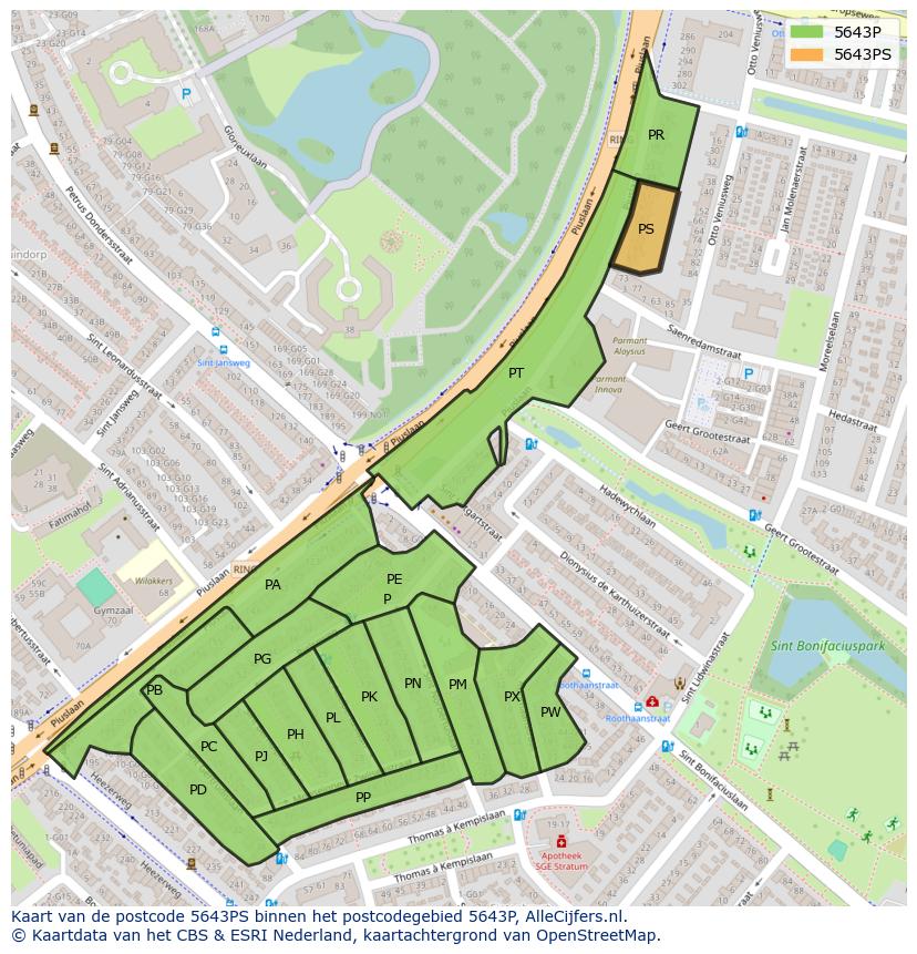 Afbeelding van het postcodegebied 5643 PS op de kaart.