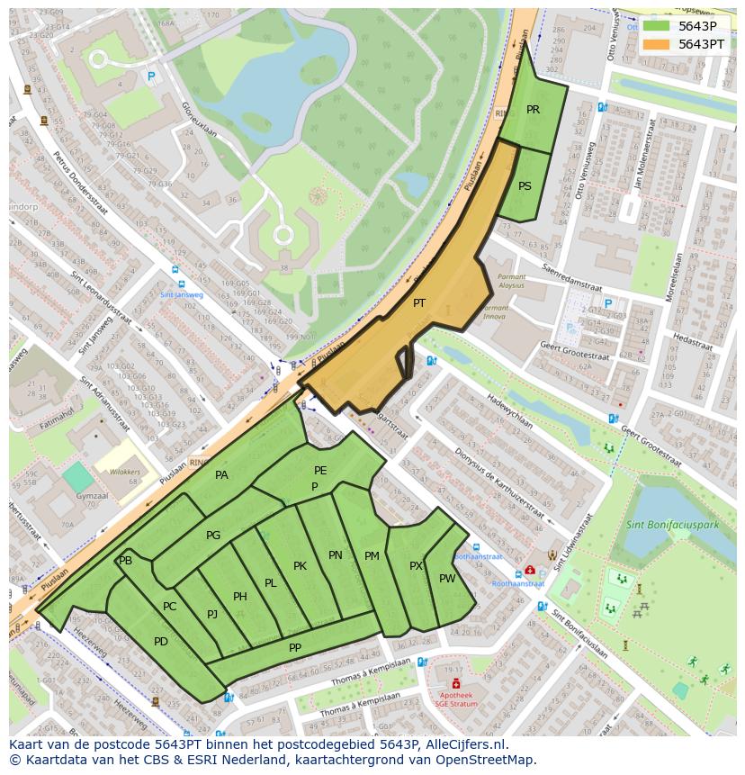 Afbeelding van het postcodegebied 5643 PT op de kaart.