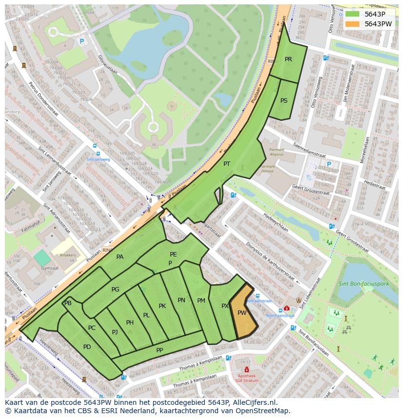 Afbeelding van het postcodegebied 5643 PW op de kaart.