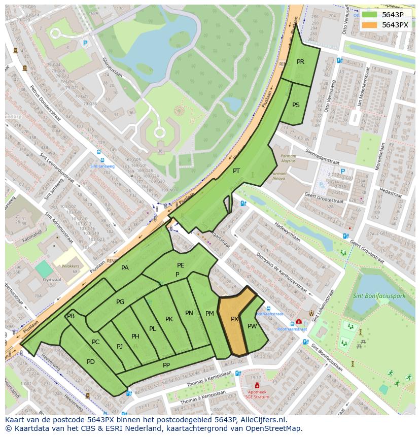 Afbeelding van het postcodegebied 5643 PX op de kaart.