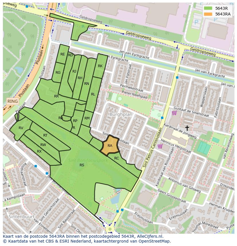 Afbeelding van het postcodegebied 5643 RA op de kaart.