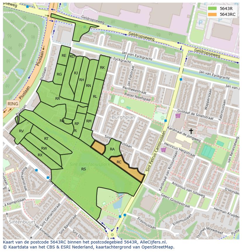 Afbeelding van het postcodegebied 5643 RC op de kaart.