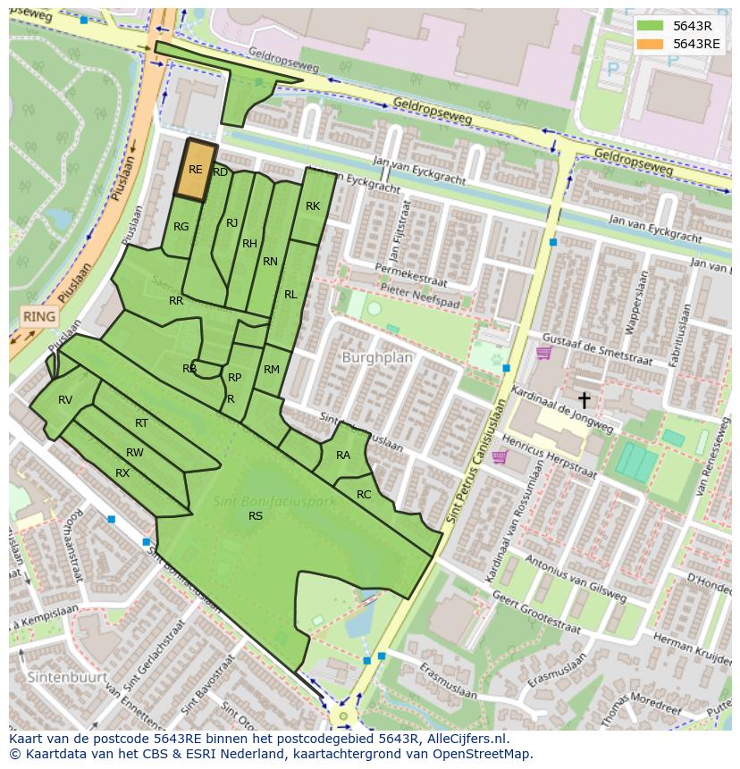 Afbeelding van het postcodegebied 5643 RE op de kaart.