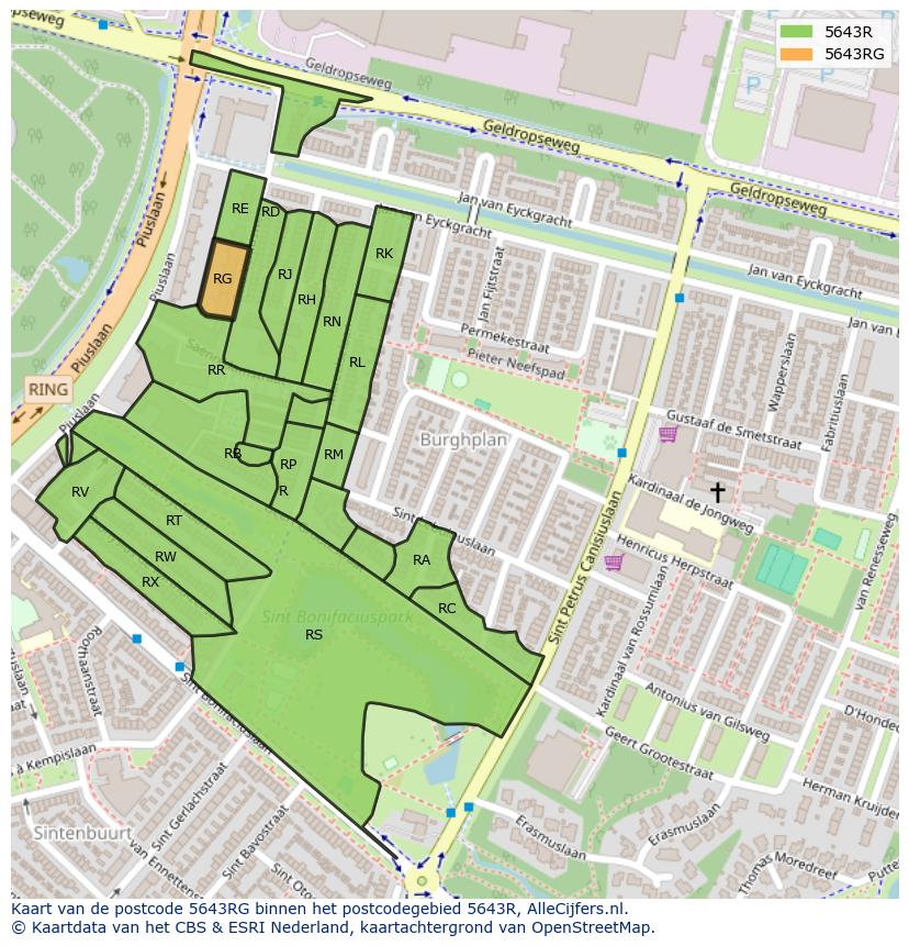 Afbeelding van het postcodegebied 5643 RG op de kaart.