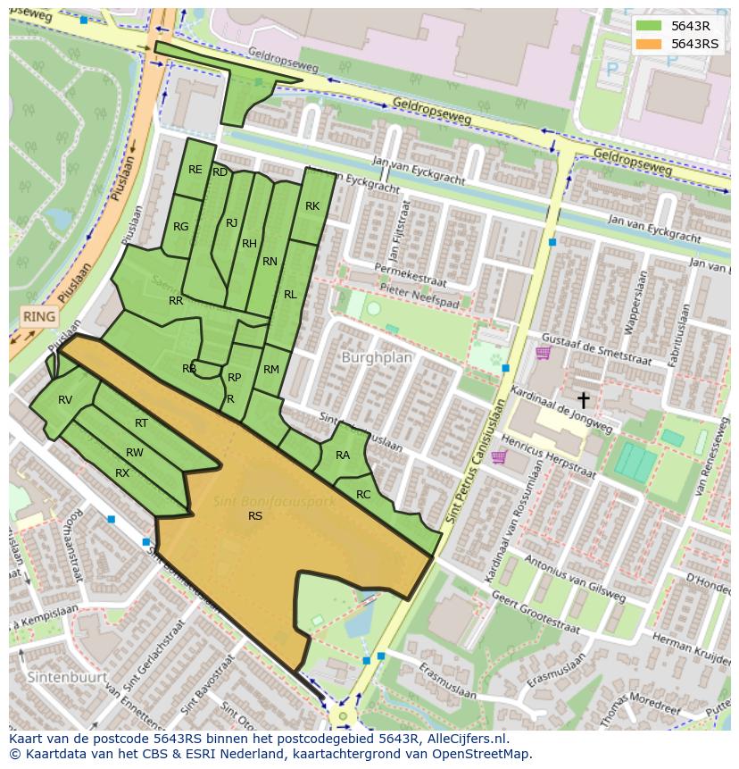 Afbeelding van het postcodegebied 5643 RS op de kaart.
