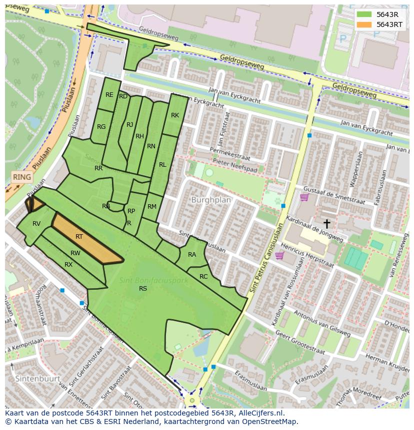 Afbeelding van het postcodegebied 5643 RT op de kaart.