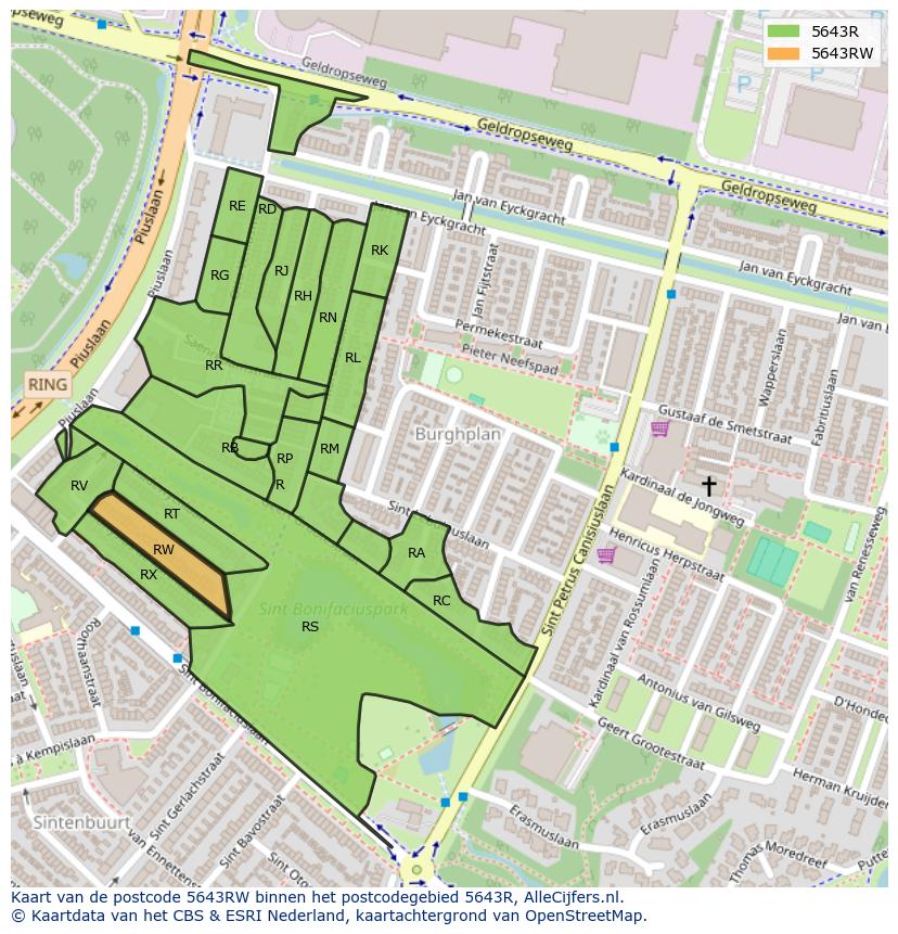 Afbeelding van het postcodegebied 5643 RW op de kaart.
