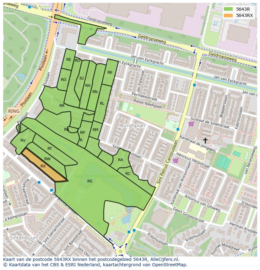 Afbeelding van het postcodegebied 5643 RX op de kaart.
