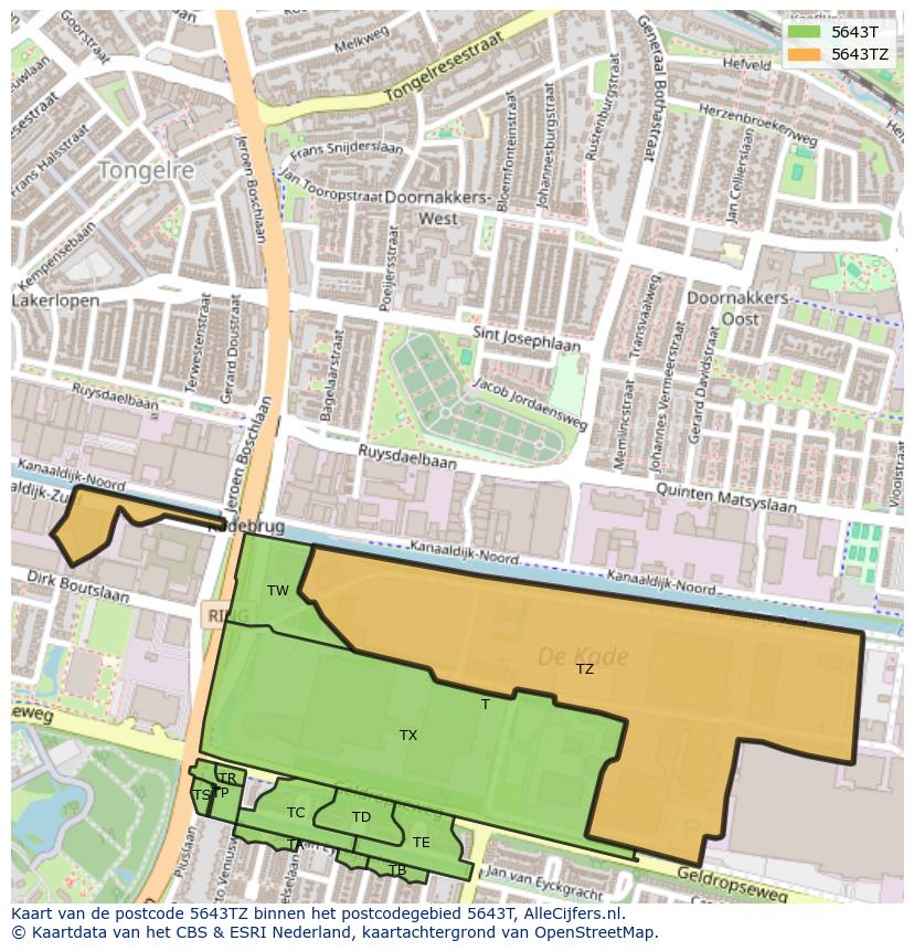 Afbeelding van het postcodegebied 5643 TZ op de kaart.