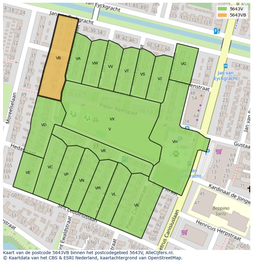 Afbeelding van het postcodegebied 5643 VB op de kaart.