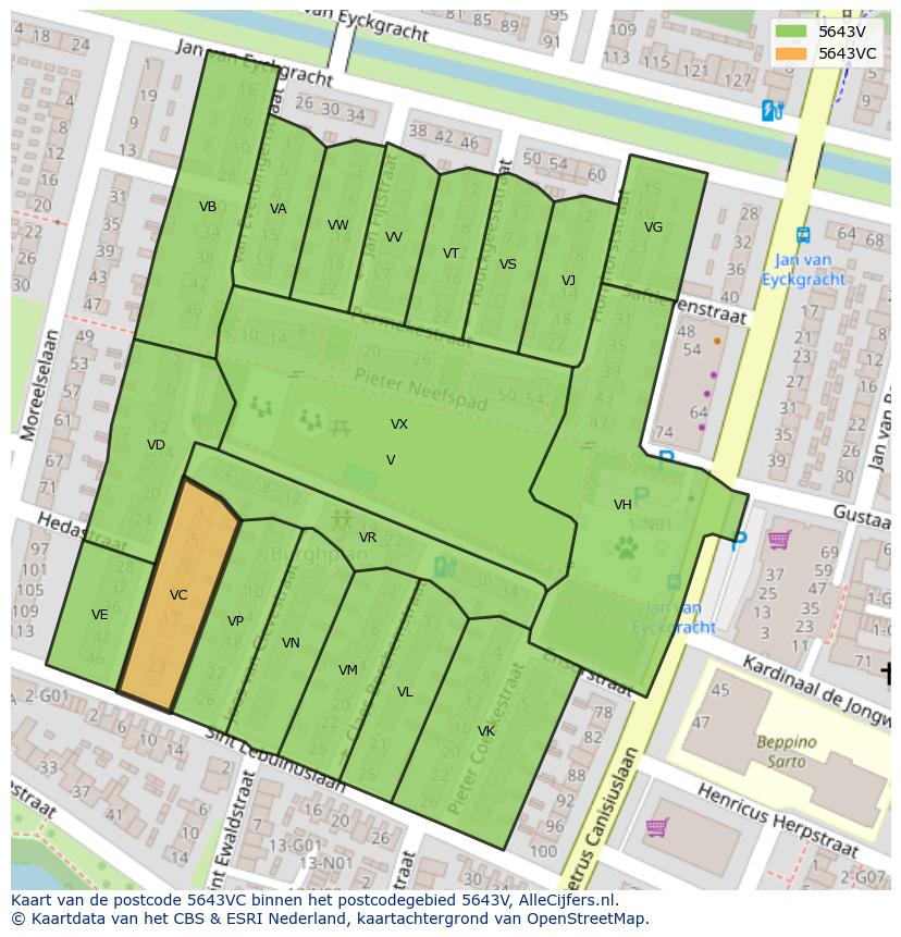 Afbeelding van het postcodegebied 5643 VC op de kaart.