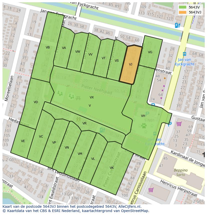 Afbeelding van het postcodegebied 5643 VJ op de kaart.